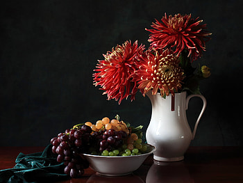 A Taste of Fall, still life, pitcher, fall, flowers, fruits HD wallpaper