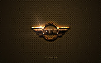 Mini golden logo, artwork, brown metal background, Mini emblem, creative, Mini logo, brands, Mini HD wallpaper