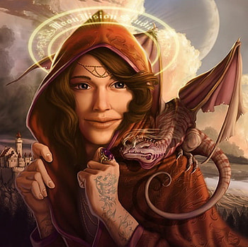 Sorceress, fantasy, dragon, girl, castle HD wallpaper