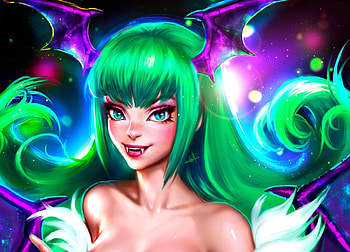 Morrigan, art, ayyasap, girl, vampire, woman, purple, pink, fantasy, green HD wallpaper