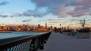 nyc from jersey riverside, clouds, river, city, walk HD wallpaper