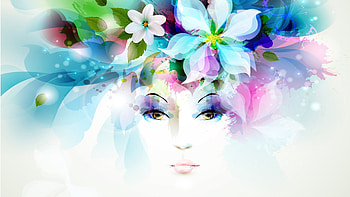 Girl, blue, white, art, water color, pink, abstract, flower, face HD wallpaper