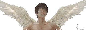 Angel, wings, white, art, man, lee kent, feather, fantasy, boy, luminos HD wallpaper