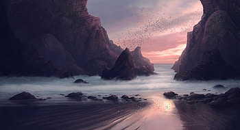 Birds, Art, Rocks, Horizon HD wallpaper