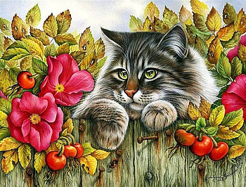 Irina Garmasheva. The Cat in the hips., animal, kitten, painting, art, flower, cat, irina garmasheva HD wallpaper