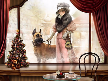 Lady with Dog, Lady, pretty, Christmas, Art HD wallpaper