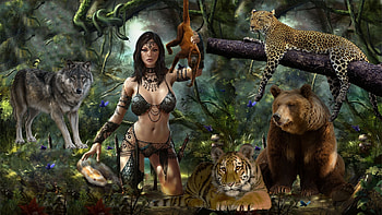 Fantasy girl, fantasy, bear, tiger, girl, jungle, theatricalthreshold, animal, snake, wolf, leopard, forest HD wallpaper