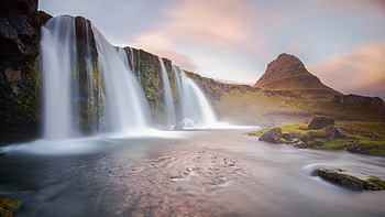 Landscape View Of Waterfalls From Algae Covered Rocks Pouring On River Under White Clouds Blue Sky Nature HD wallpaper