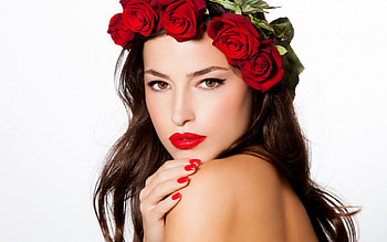Sensual look, red lips, makeup, model, femininity, girl, beauty, background, flowers, look, wreath HD wallpaper