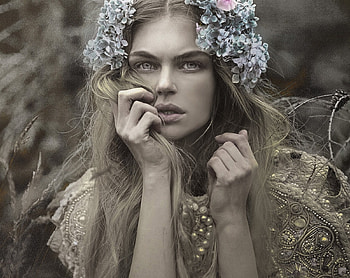 Nimph, blue, agnieszka lorek, model, girl, hand, woman, flower, face HD wallpaper