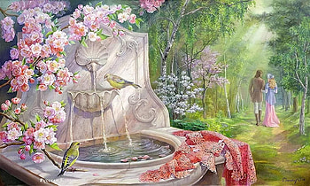 Garden Promenade, art, fantasy, fountain, garden, couple, stroll, romantic, serene, digital, pretty HD wallpaper