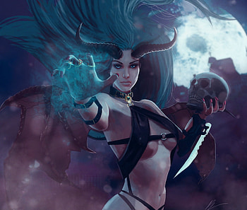 Demoness, art, skull, girl, hand, demon, fantasy, magical, horn, luminos HD wallpaper