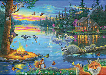 Lakeside Evening, cabin, ducks, owls, swans, painting, raccoons, bear, trees, flowers, foxes, squirrel HD wallpaper
