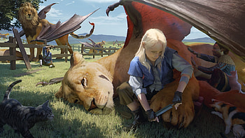 Animal handler, stephen stark, wings, animal, fantasy, art, girl, lion HD wallpaper