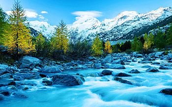 This is what flowing melted ice looks like - Morteratsch, Switzerland, river, clouds, sky, mountains, water HD wallpaper