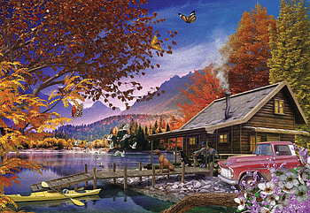 Afternoon Rest, boat, car, dogs, pier, mountain, lake, cabin, artwork, digital, autumn, trees HD wallpaper