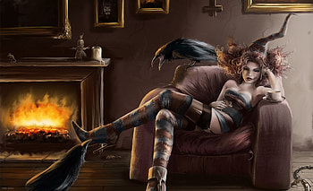 The Witchfinder General's Parlour, room, girl, cup, witch, raven, crow, fantasy, andy jones, fire HD wallpaper