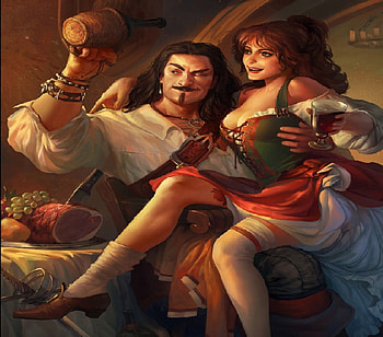 Pirate And Bar Wench, ale, ham, pirate, bar wench, knife, wine HD wallpaper