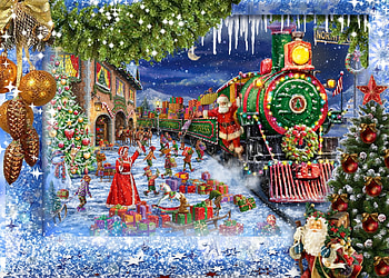 Santa's Special Delivery, train, steam, santa, tree, holidays, winter, icicles, ornaments, presents, moon, snow HD wallpaper