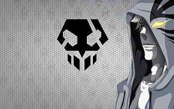 Hollow Ichigo, yellow eyes, ichigo, hoodie, ichigo kurosaki, bleach, lone, kurosaki ichigo, symbol, gold eyes, hood, male, grey background, smile, logo, anime, white hair, hollow zangetsu HD wallpaper