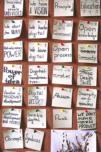 Corkboard with inspiring notes and goals pinned, emphasizing creativity and innovation. HD phone wallpaper