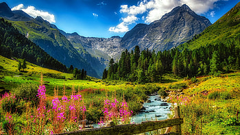 Blue Stream in the Austrian Alps, clouds, sky, flowers, mountains, landscape HD wallpaper