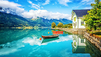 Spring At Norwegian Lake, boat, house, landscape, clouds, sky, water, mountains, reflections HD wallpaper