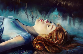 Fantasy, fog, painting, art, closed, red, eyes, face, girl HD wallpaper