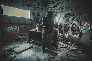 Hood, Miscellanea, Miscellaneous, Room, Premises, Human, Person, Graffiti, Ruins HD wallpaper