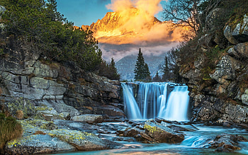 Waterfall, rocks, river, clouds, colors, trees, sky, sunset HD wallpaper
