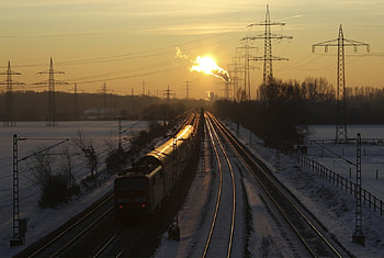 Sunset, train and powerlines, train, nature, powerline, sunset HD wallpaper
