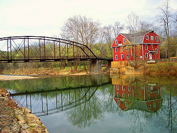 War Eagle Mills, Arkansas, river, house, mills, reflection, red, bridge, trees, sky, water HD wallpaper