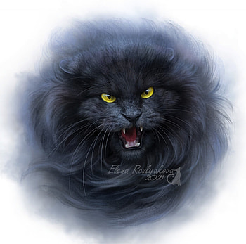 Angry cat, black, fantasy, art, pisici, elena roslyakova, alenaekaterinburg, face, cat HD wallpaper