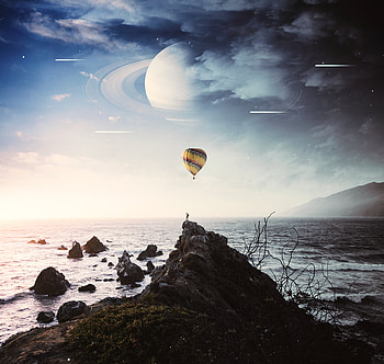 Coast, hot air balloon, silhouette, art HD wallpaper