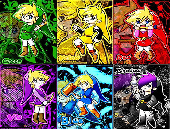 Four Swords Team!, blue, shadow, four swords, artwork, nao, green, yellow, red, zelda, video games, vio HD wallpaper