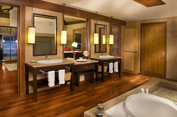 St Regis Bora Bora luxury Bathroom Suite Water Villa, island, bathroom, bath, beach, bungalows, islands, ocean, luxury, shower, st regis, exotic, hotel, paradise, french, contemporary, bora bora, polynesia, blue, sand, tropical, holiday, modern, water, sea, bungalow, architecture, villas, room, pacific, suite, villa, south, lagoon, hut, atoll HD wallpaper