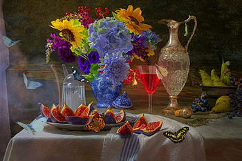 Still life, Figs, Flowers, Jug, Glass HD wallpaper