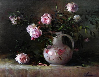 Roses Still life, still life, table, pink, leaves, roses, rose vase HD wallpaper
