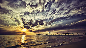 magnificent sky above a beach pier, sea, clouds, pier, sky, sunset, beach HD wallpaper