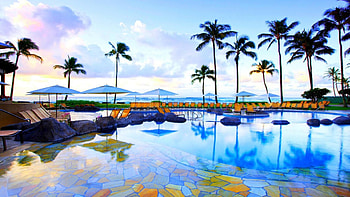 beautiful resort pool in kauai hawaii, sea, umbrellas, tiles, trees, pool, reort HD wallpaper