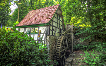 Watermill in Germany, trees, building, watermill, Germany HD wallpaper