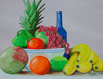 Sunny Sweets, blue, grapes, limes, pineapple, bananas, bottle, apples, oranges, bowl, melons HD wallpaper