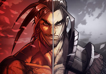 Heishirou Mitsurugi, games, long hair, male, red background, warrior, mitsurugi heishirou, grey background, sword, armour, soul calibur, scars, weapons, black hair, blade, anime, mitsurugi, samurai, video games HD wallpaper