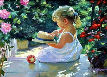 Painting, colors, play, day, artist, Vladimir Volegov, hat, roses, art, garden, other, girl, beautiful, people, little, summer, painter, flowers HD wallpaper