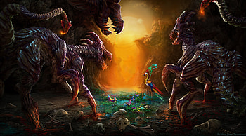 The last oasis, colorful, bjpentecost, bird, dinosaur, pasare, fantasy, bobbie the jean, green, yellow, dragon, world, luminos HD wallpaper