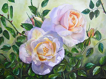 Shimmering Roses, white, leaves, roses, painting, rose buds, yellow, green, soft pink HD wallpaper