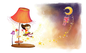 Fantasy, Stars, Miscellanea, Miscellaneous, , Drawing, Lamp, Girl, Animal, Beast, Swing, Wind, Childhood, Laugh, Laughter HD wallpaper