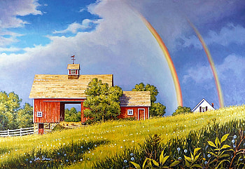 Rainbow’s End, barn, painting, clouds, sky, double rainbow, meadow HD wallpaper
