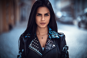 Leather jacket, beautiful, girl model, brunette HD wallpaper