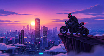 Cyberpunk Rider Above Futuristic City, cyberpunk, bike, sunset, city, artist, artwork, art, digital-art, ai, deviantart HD wallpaper